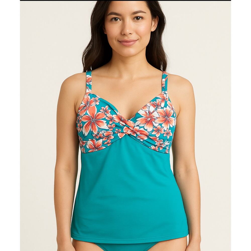Lands’ End Women’s Floral Twist-Front Tankini Top – Teal & Coral – Size 6P